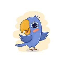 Cute blue parrot with big eyes is smiling. Cartoon vector character illustration for kids design