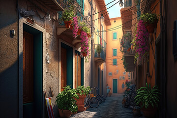 narrow street in the old town with old buildings.Generative Ai