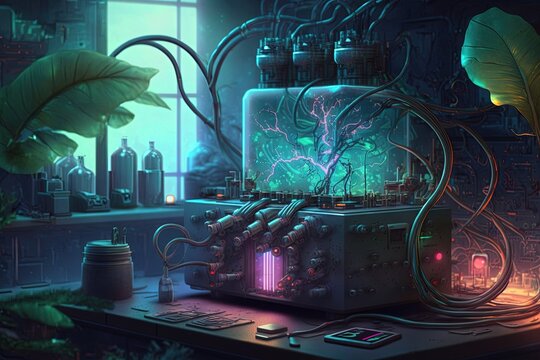 futuristic laboratory where creatures made out of metal and wires are being created and tested, with glowing tubes and wires running throughout the room illustration generative ai
