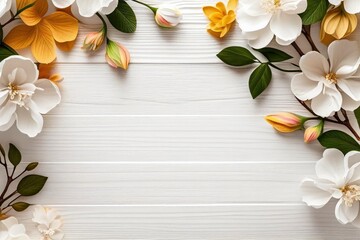 Spring flowers over white wooden background with copy space text area created with generative AI