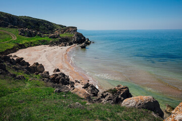 Obraz premium sea bay shore mountain view from above nature travel hiking