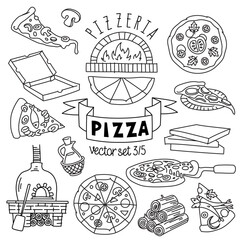 Pizza vectors drawings set. Pizza types, slices and cooking ingredients for pizzeria menu and pizza delivery. Vector illustration. Outline stroke is not expanded, stroke weight is editable