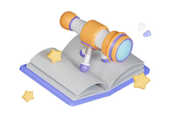 telescope astronomy physics class symbol with notebook isolated on pastel background. icon symbol clipping path. education. PNG 3d render illustration
