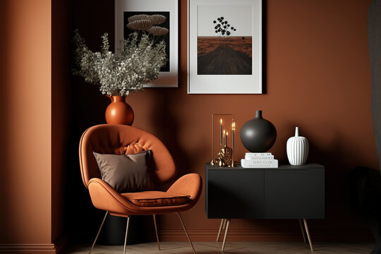 With a toilet, chair, and other d&eacute;cor in terracotta tones, a modern dark interior. Generative AI