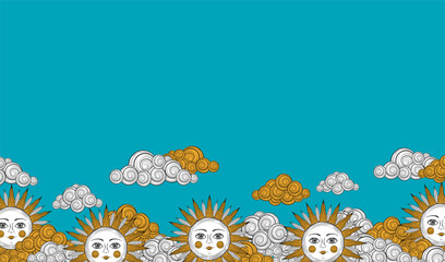 Vintage sun background. Sun face astrology pattern. Bohemian sun with face print. Antique style sun and clouds esoteric wallpaper. Vintage hand drawn character. Magic monochrome boho style. 