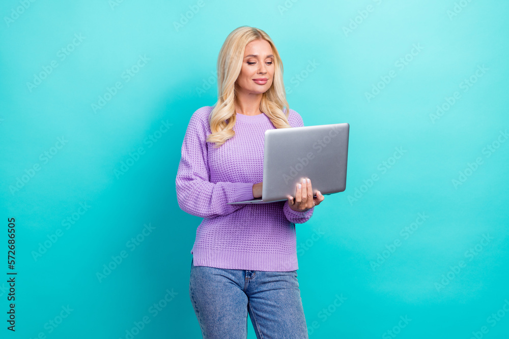 Sticker portrait of intelligent gorgeous lady use wireless netbook typing email isolated on cyan color backg