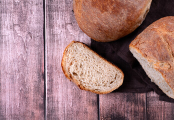 Sourdough rye bread without yeast. Slice of homemade bakery product. Top view