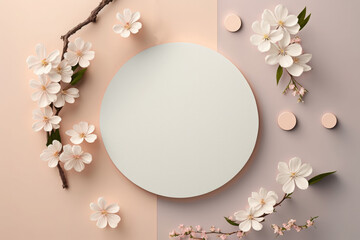 Spring cherry blossom flat lay design with blank copy space. Empty scene with sakura branch. Generative ai