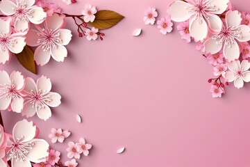 Naklejka na ściany i meble Pink white flowers blossoms on pink paper background with copy space for your springtime design made with generative AI