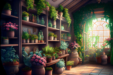 A vibrant display of green potted plants with colorful flowers arranged on shelves in a flower store, generative ai