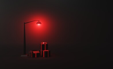 3D Render Black Friday Background With Surprise Box and Red Lighting in The Fog