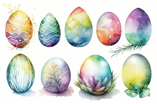 Collection of watercolor easter eggs, ai generated