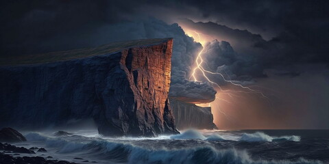   storm  on  sea at sunset lightening wild nature dramatic cloudy sky sun beam tree on  rock and ocean water wave dramatic nature generated ai - obrazy, fototapety, plakaty