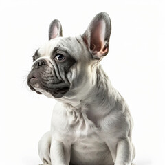 Portrait of a french bulldog on a white background. Photorealistic image created by artificial intelligence.