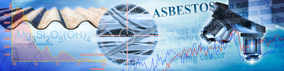 Analysis of an asbestos sample from an old roof against a technology background with graph, texts...