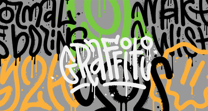Abstract Urban Street Art Graffiti Style Background Template. Wall with many painted words. Textured inscription decorative lettering vandal street art on the city wall. Vector Illustration