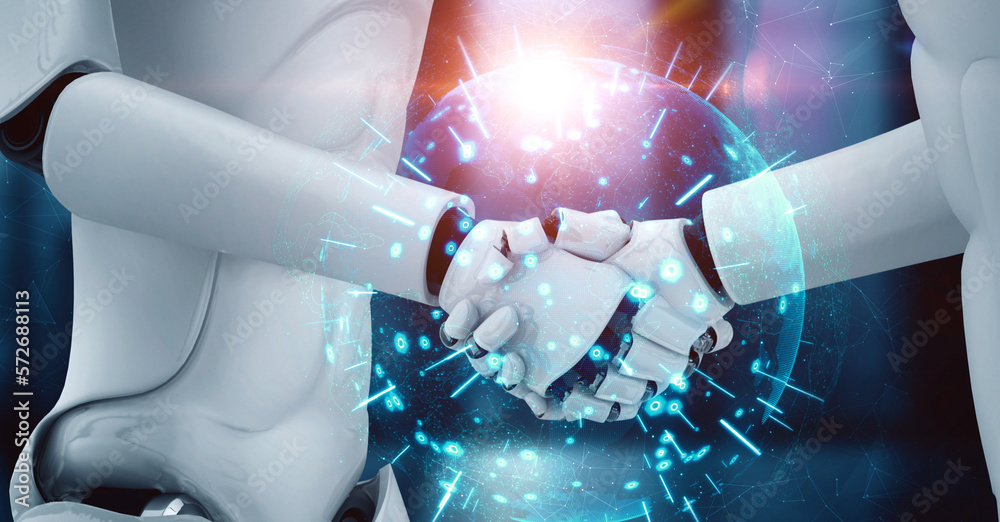 Poster 3d rendering hominoid robot handshake to collaborate future technology development by ai thinking br
