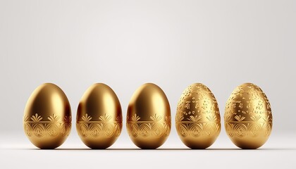 golden easter eggs standing in a row on white background, Generative AI