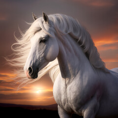 Naklejka na ściany i meble A majestic white horse with a wild mane, standing against a dramatic sunset. Created using ai generative. 