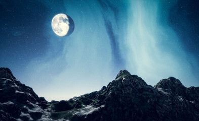 Mountains landscape at night sky with moon and northern lights