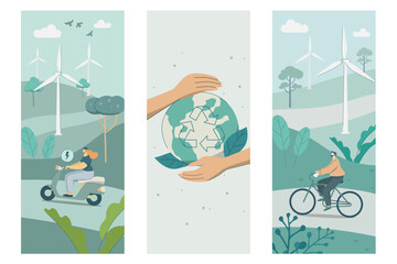 Set of sustainable, Woman driving electric motorcycle, Man riding a bicycle, Two hands to protect the global environment,
Ecological life with natural and alternative energy. Vector illustration.
