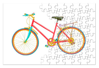 Old colored bicycle on white background - concept image in jigsaw puzzle shape