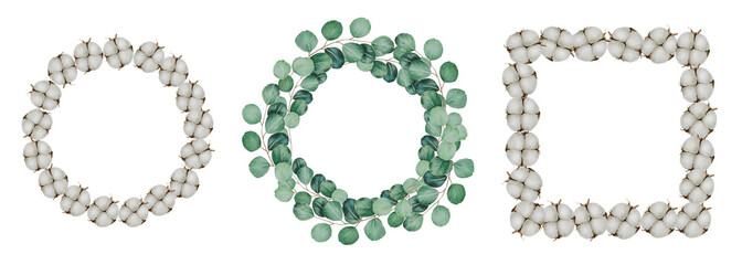 Watercolor compositions of frames and wreaths of eucalyptus and cotton. Hand painting clipart on an isolated background. Print for wedding invitation, designers, decoration, textile, poster