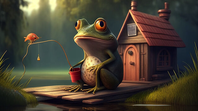 cartoon frog on the boat house