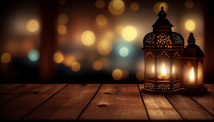 Empty wooden table with ramadan kareem or eid mubarak bokeh background. Template mock up for display of product. Generative ai.