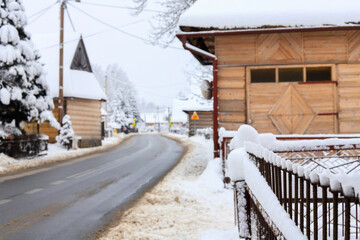 CHOCHOLOW, POLAND - FEBRUARY 09, 2023: Wooden architecture of Chocholow, willage near the Zakopane, Poland.