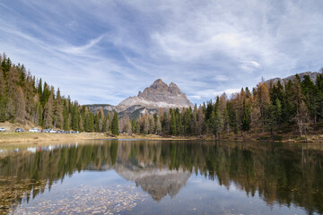 Tre Cime di Lavaredo reflected in Misurina lake, Dolomites Alps, Italy