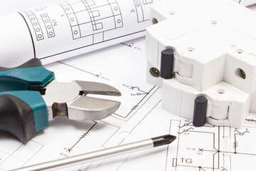 Work tools, electric fuse and diagrams of housing plan with electrical installation. Building home