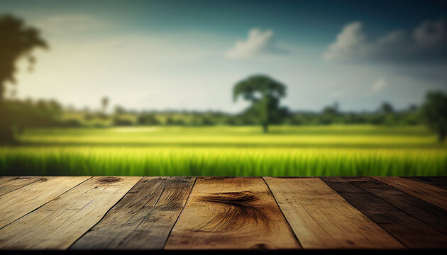 Empty wooden table with paddy field bokeh background. Template mock up for display of product. Generative ai.