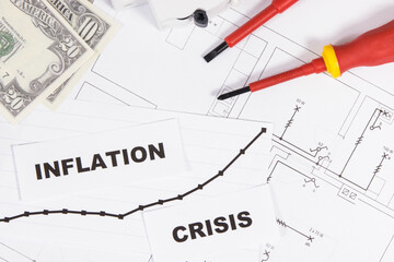 Electrical components, work tools, electric construction diagrams of house, inscriptions inflation and crisis. High prices of building or renovation home