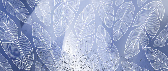 Blue abstract vector watercolor illustration with white feathers for decor, covers, design and creativity