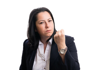 Mad female entrepreneur showing fist as angry gesture