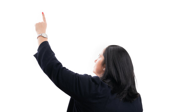 Entrepreneur female pointing finger touching invisible screen