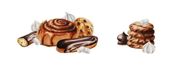 Watercolor set of compositions with cinnamon bun, biscuits, marshmallows in chocolate, meringue, eclair, cholocate cookies, orange souffl. Hand painting sweet on a white isolated background. For