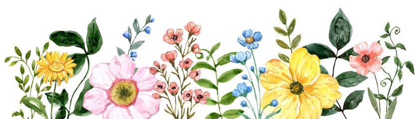 Wildflowers border features painted watercolor summer plants, and green grasses—colorful flowers and herbs on white background. Botanical illustration. - 572691706