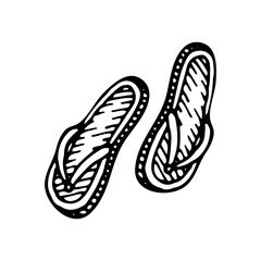 Flip flops sketch. Beach shoes. Summer sea vacation. Hand drawn vector line art illustration.