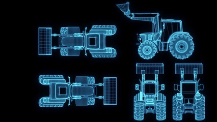 3d rendering illustration Agriculture and Farming car truck.hologram futuristic show technology security for premium product business finance. Harvester trucks, tractors, farmers and village farm