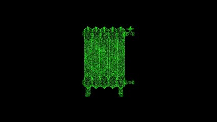 3D retro radiator on black bg. Object dissolved green flickering particles. Business backdrop. Science concept. Abstract bg for title, presentation. Holographic screensaver. 3D animation