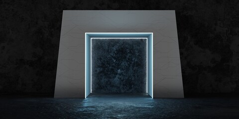 Neon light background Wall scene. Empty with lights at night Hall scene and 3D illustration