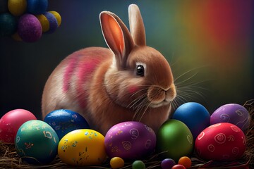 Fototapeta na wymiar Happy Easter Bunny With Many Colorful Easter Eggs. Generative AI