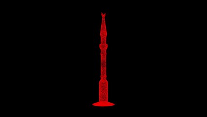 Fototapeta premium 3D minaret on black bg. Object dissolved red flickering particles. Business background. Science concept. Abstract bg title, presentation. Holographic screensaver. 3D animation