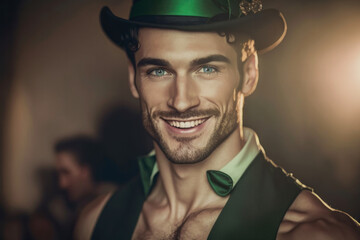 Attractive man in Saint Patrick's day clothing, Generative Ai