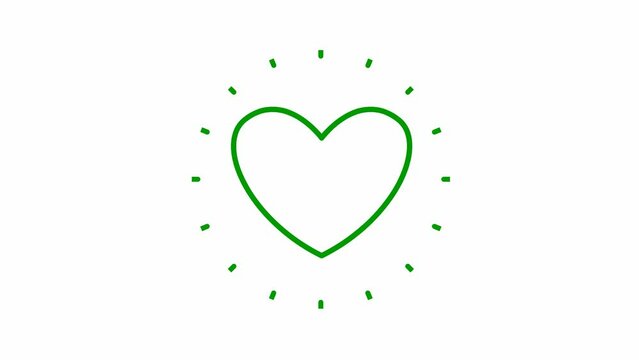 Animated green symbol of heart pulsation. Looped video of beating heart with rays. Linear vector illustration isolated on the white background.

