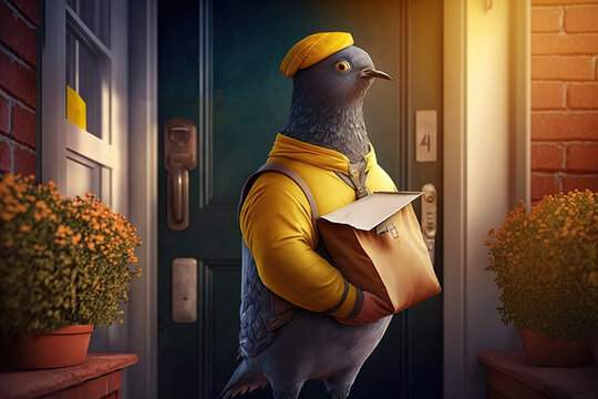 A pigeon in a yellow postman uniform delivers a package, concept of Postal Service and Animal Delivery, created with Generative AI technology