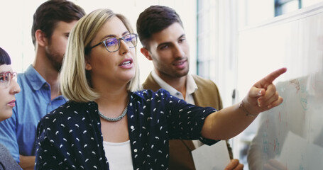 Presentation, mentor and coaching with woman in meeting pointing for strategy, branding or...