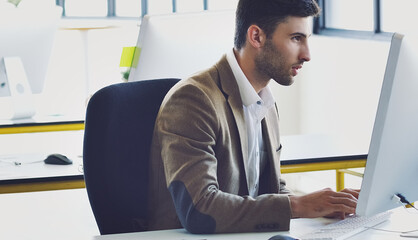 Office computer, focus and business man reading review of financial portfolio, stock market...